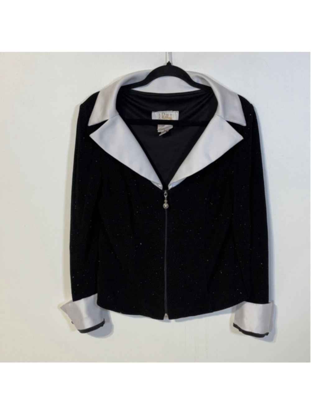 Vintage Joseph Ribkoff Blazer Jacket Women’s Size 14 Black White Trim Sparkly